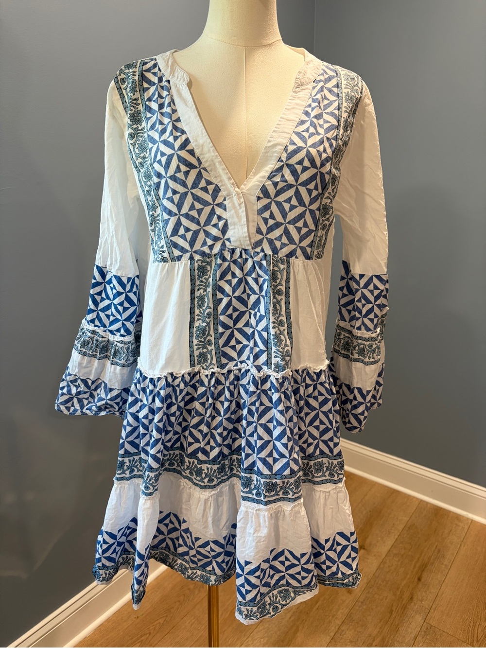 Bindu Blue White Block Print 100% Cotton Tunic Dress Small Boho Resort Mini